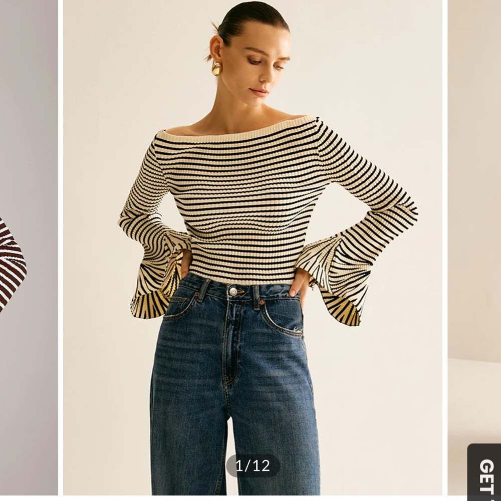 Commense Cream and Black Striped Bell-Sleeve Knit Top